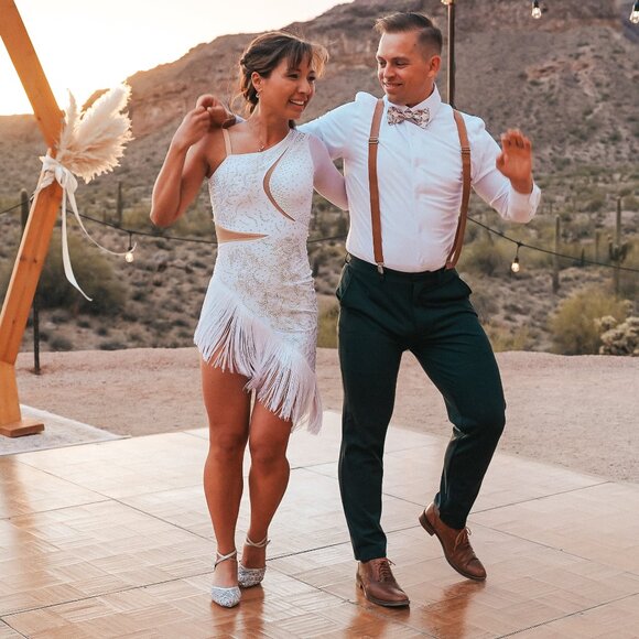 White Asymmetrical Beaded Performance Dance Dress (open back + tassels) - Picture 5 of 10